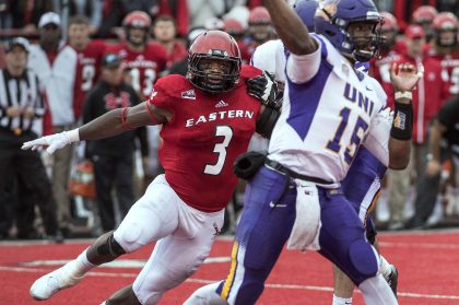 Eastern Washington Universitys Samson Ebukam zeros in on University of Northern Iowas Aaron Bailey, Sept. 17, 2016, at Roos Field in Cheney, Wash. DAN PELLE danp@spokesman.com