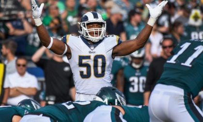 Dec 10, 2017; Los Angeles, CA, USA; Los Angeles Rams linebacker Samson Ebukam (50) at the lines of scrimmage during the first half against the Philadelphia Eagles at Los Angeles Memorial Coliseum. Mandatory Credit: Robert Hanashiro-USA TODAY Sports